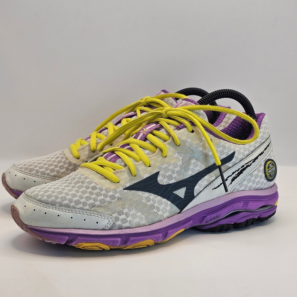 Mizuno Wave Rider 17 Womens Running Shoes White Purple Yellow J1GD140308 Sz 8.5